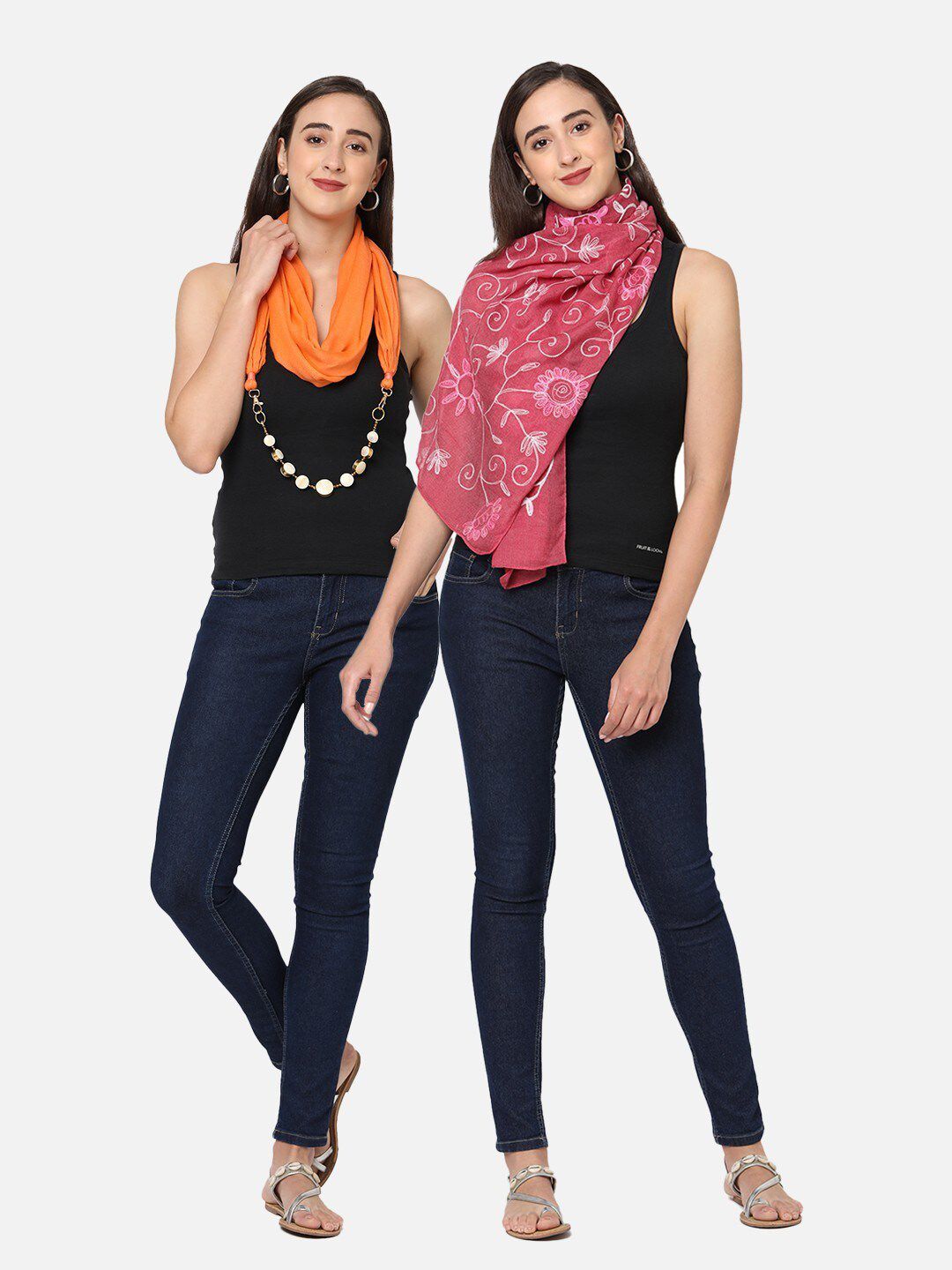 Get Wrapped Women Pack Of 2 Orange & Magenta Kimono Embroidered Scarf Price in India