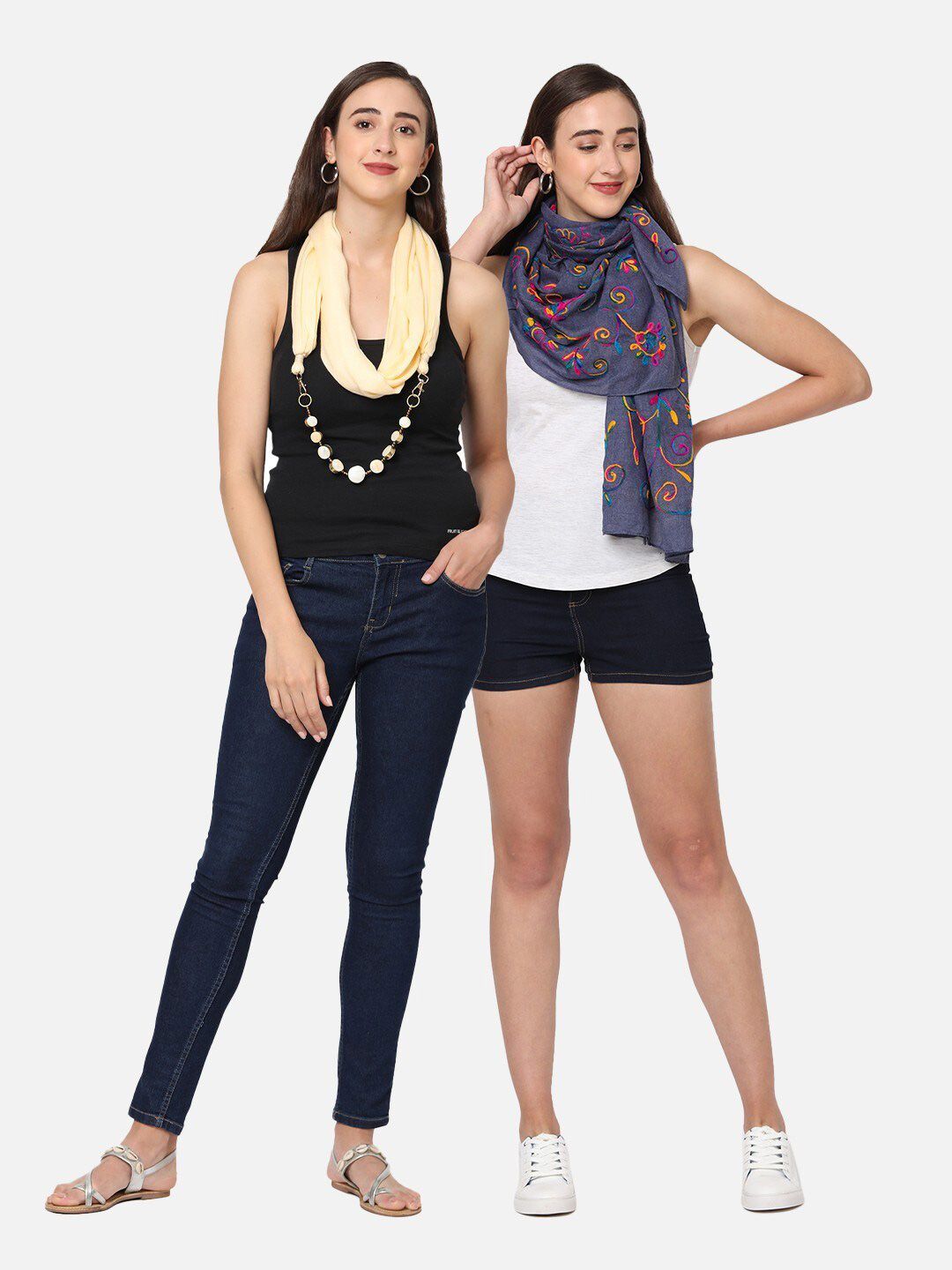 Get Wrapped Pack of 2 Women Blue & Cream-Coloured Embroidered Scarf Price in India