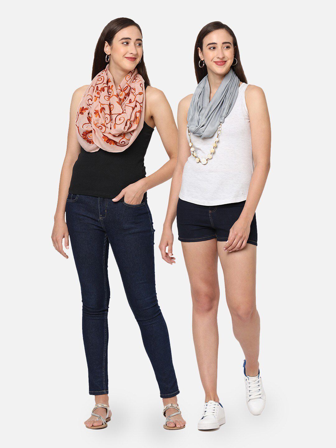 Get Wrapped Women Pack of 2 Grey & Peach-Coloured Embroidered Scarf Price in India