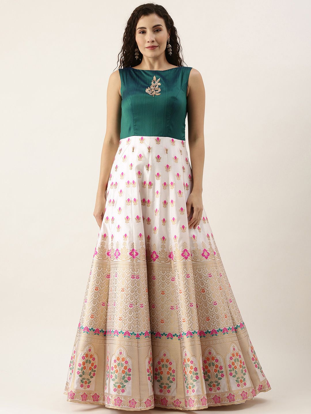 EthnoVogue Women White & Green Ethnic Motifs Printed Maxi Dress Price in India