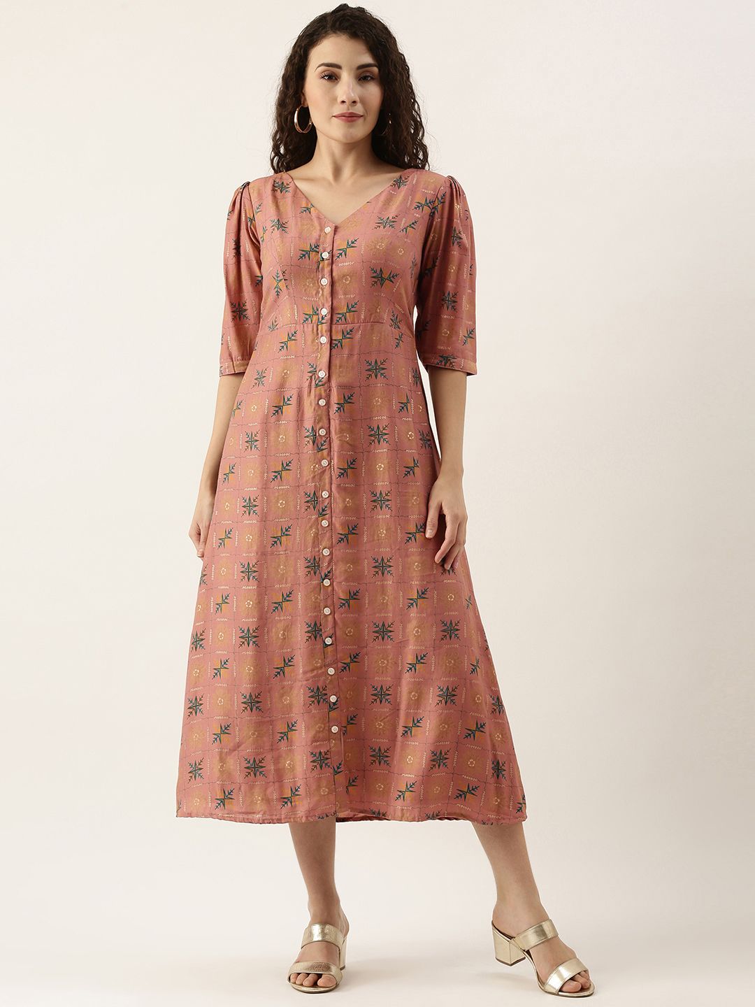 EthnoVogue Women Peach-Coloured & Golden Ethnic Motifs Printed A-Line Midi Dress Price in India