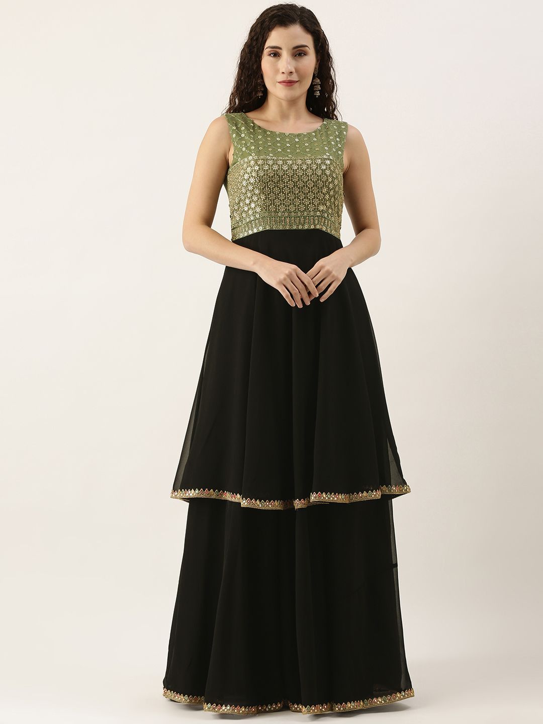 EthnoVogue Women Black & Green Embroidered Layered Georgette A-Line Maxi Dress Price in India