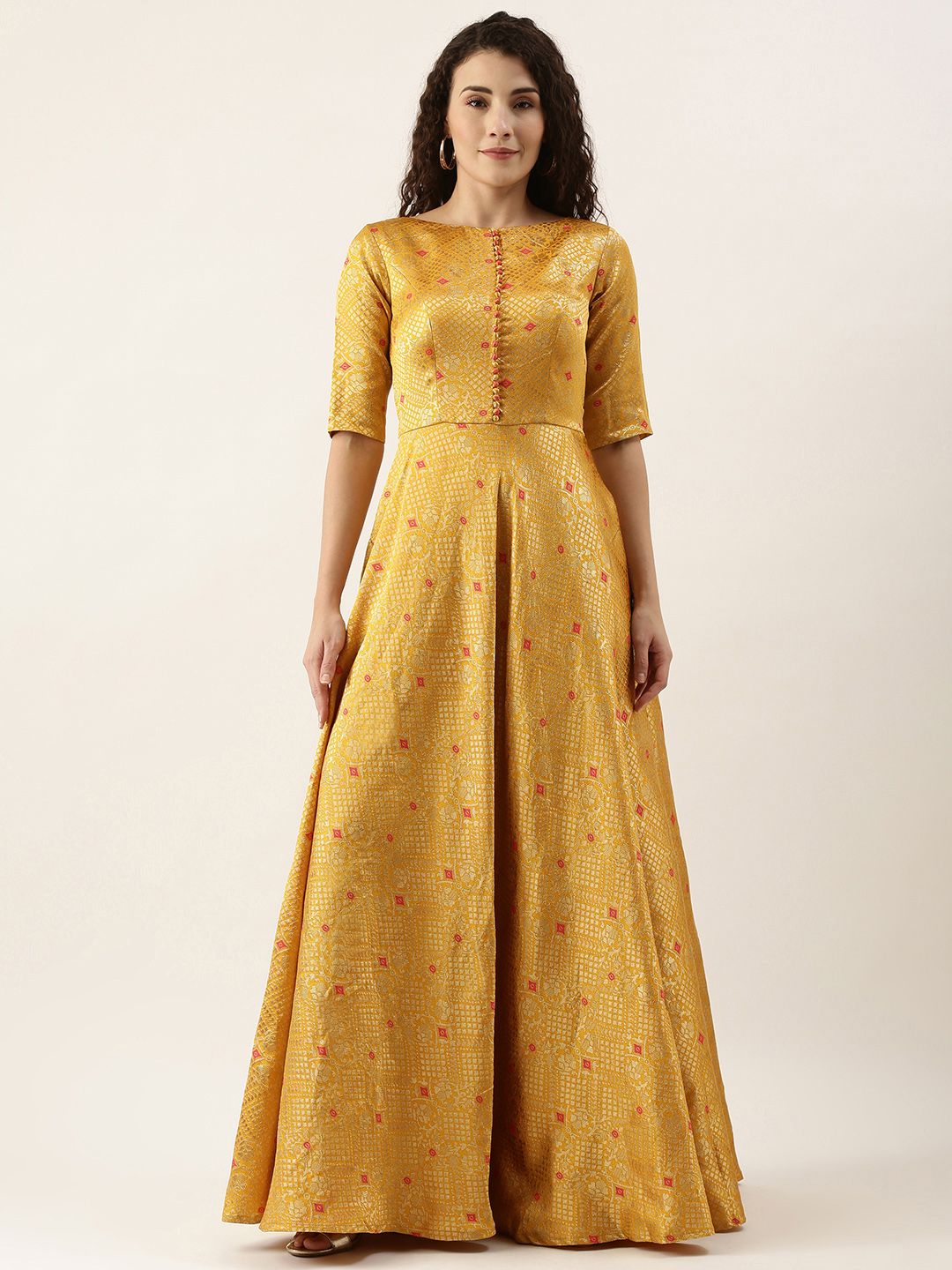 EthnoVogue Women Yellow & Pink Woven A-Line Maxi Dress Price in India