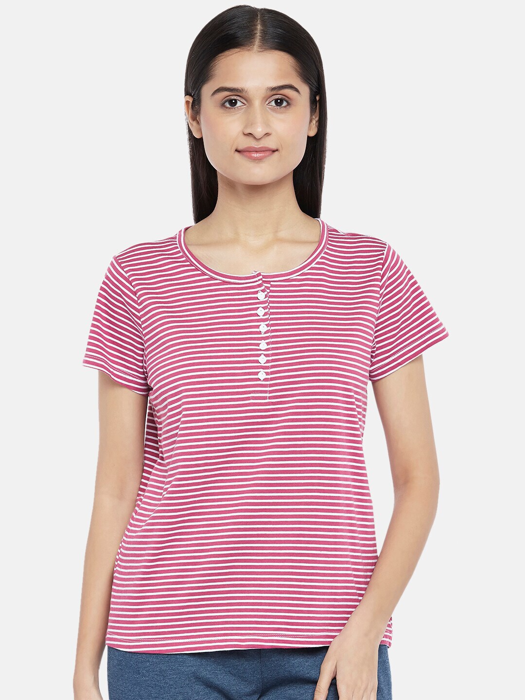 Dreamz by Pantaloons Mauve & White Striped Pure Cotton Lounge tshirt Price in India