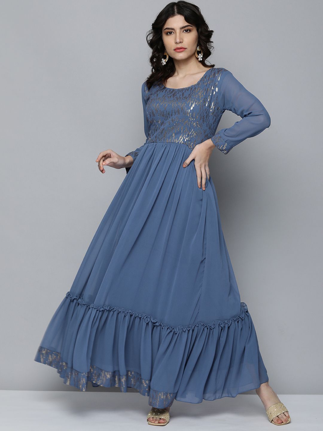 Kvsfab Blue Georgette Sequinned Ethnic Maxi Dress Price in India
