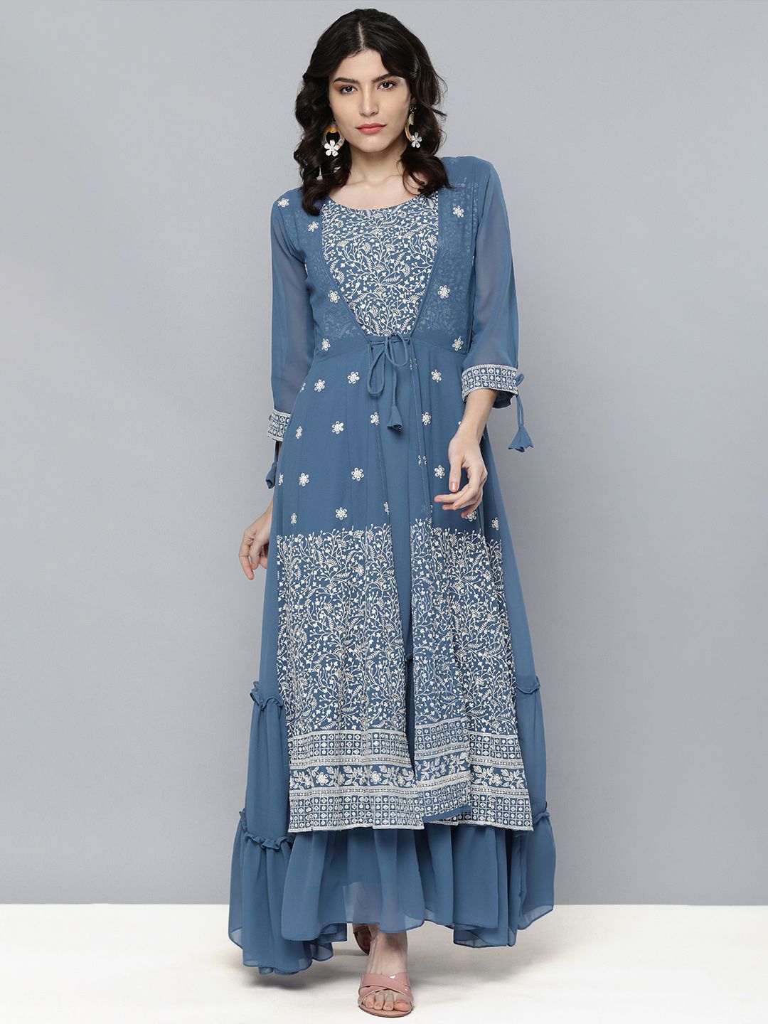 Kvsfab Blue Georgette Embroidered Layered Ethnic Maxi Dress Price in India