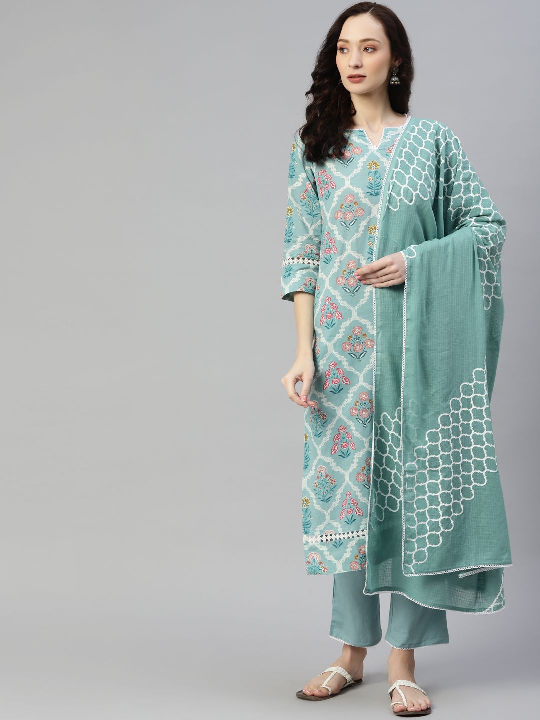 Yuris Women Blue Floral Printed Pure Cotton Kurta with Trousers & With Dupatta Price in India