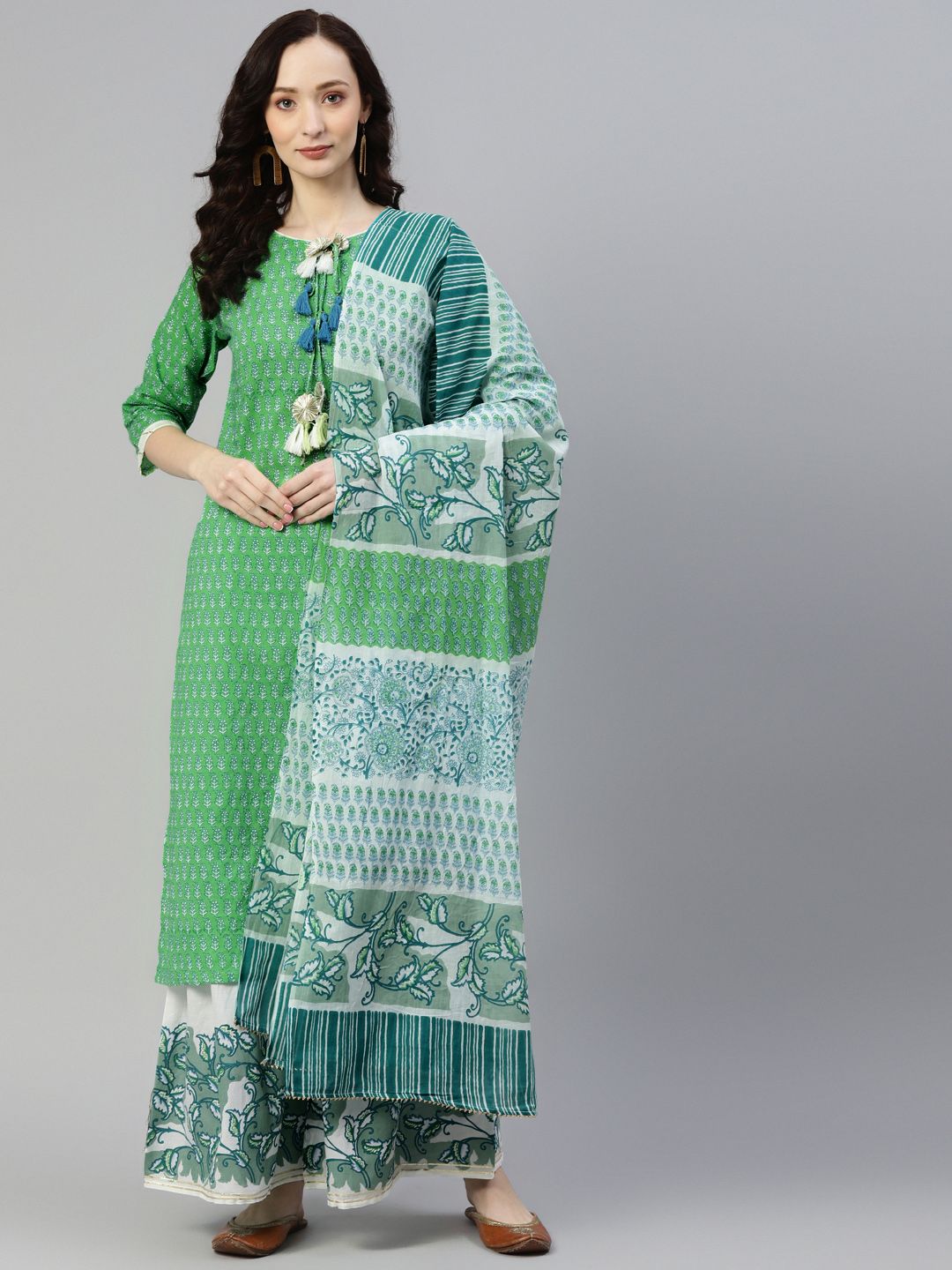 Yuris Women Green Ethnic Motifs Printed Pure Cotton Kurta with Palazzos & With Dupatta Price in India