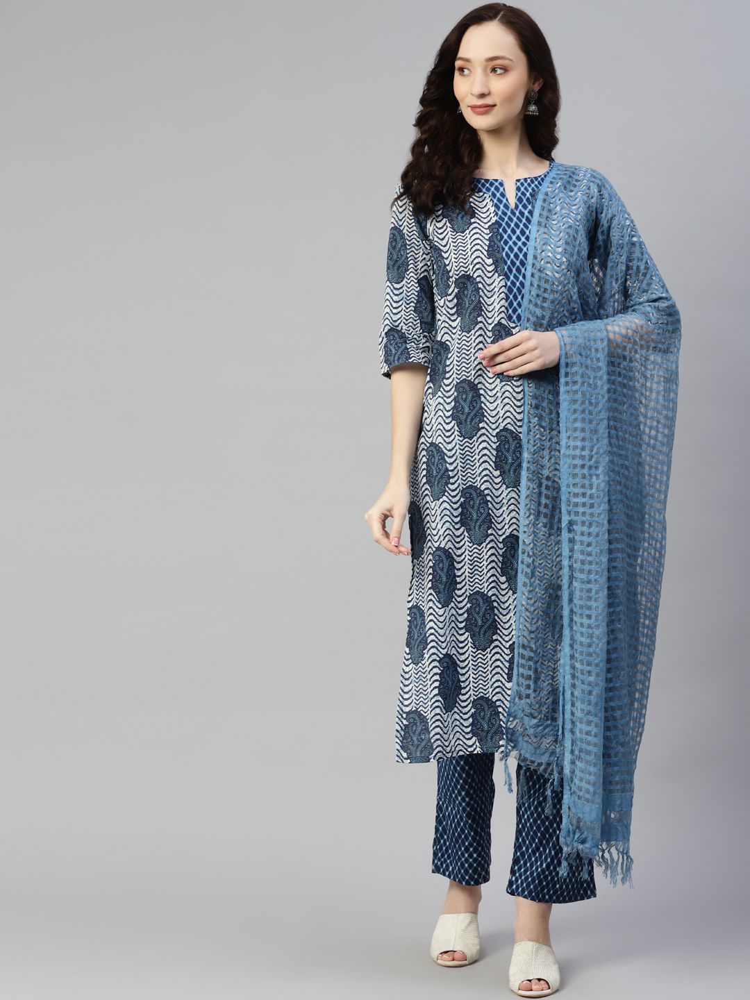 Yuris Women Blue Paisley Printed Pure Cotton Kurta with Salwar & With Dupatta Price in India