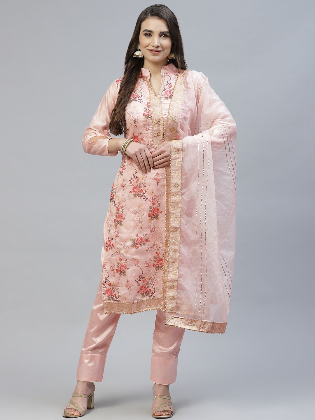 RAJGRANTH Pink Printed Chanderi Heavy Work Top With Organza Dupatta Dress Material Price in India