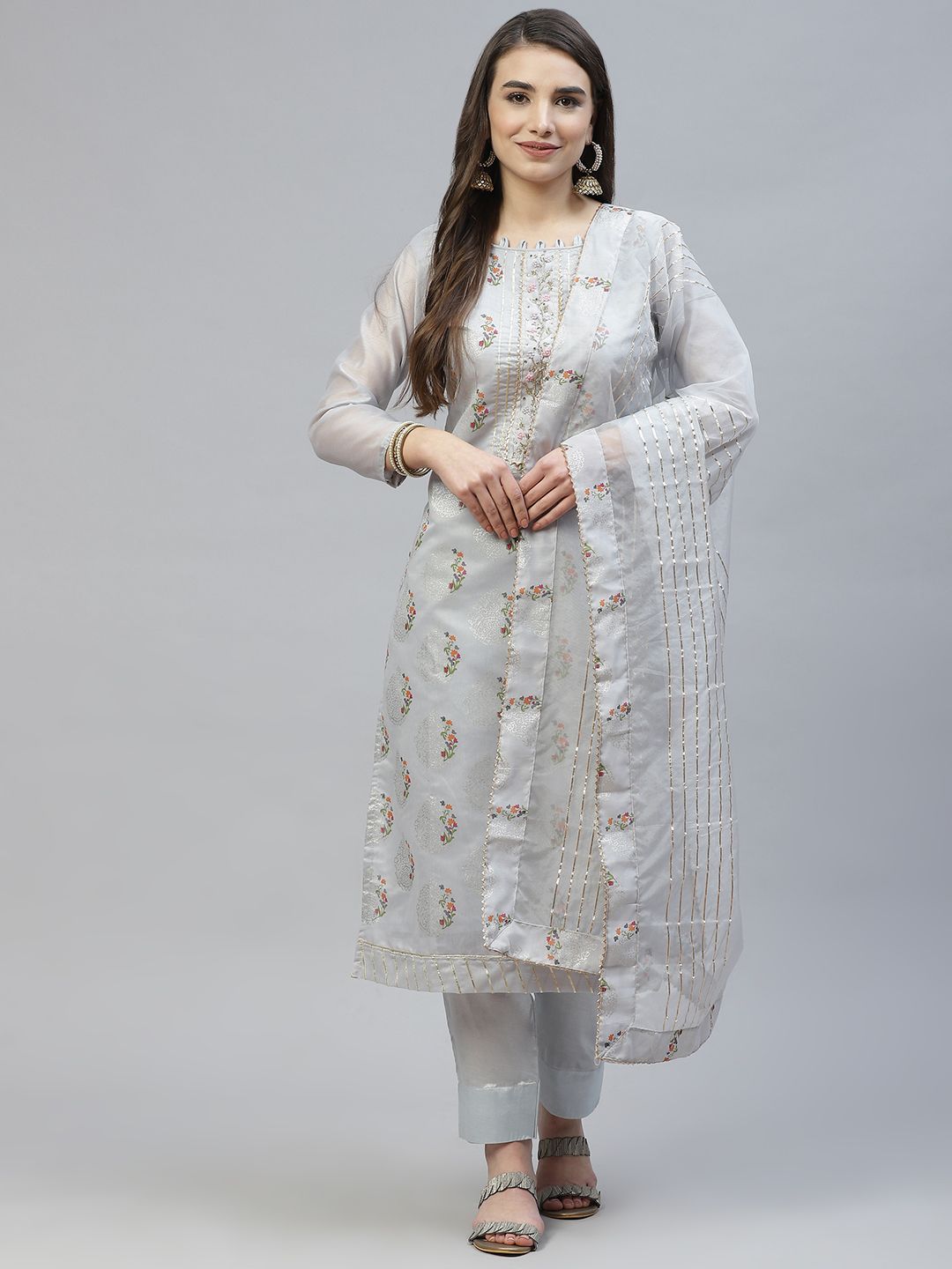 RAJGRANTH Grey Printed Chanderi Heavy Work Top With Organza Dupatta Dress Material Price in India