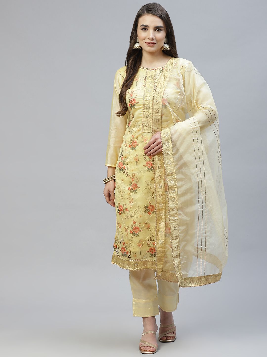 RAJGRANTH Yellow Printed Chanderi Heavy Work Top With Organza Dupata Dress Material Price in India
