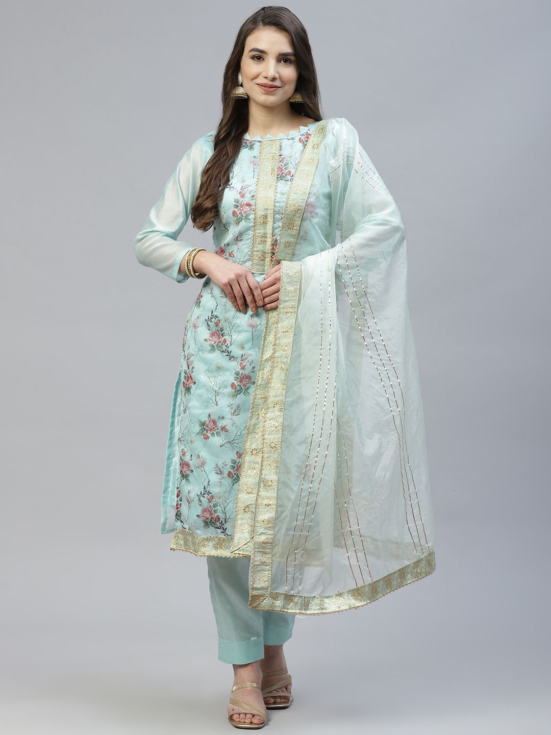 RAJGRANTH Turquoise Blue Printed Chanderi Heavy Work Top & Organza Dupatta Dress Material Price in India