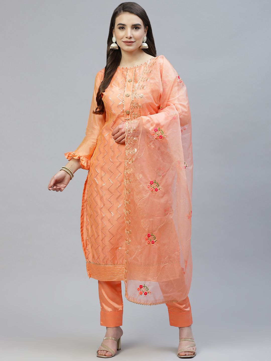 RAJGRANTH Orange Embroidered Chanderi Top With Organza Dupatta Dress Material Price in India