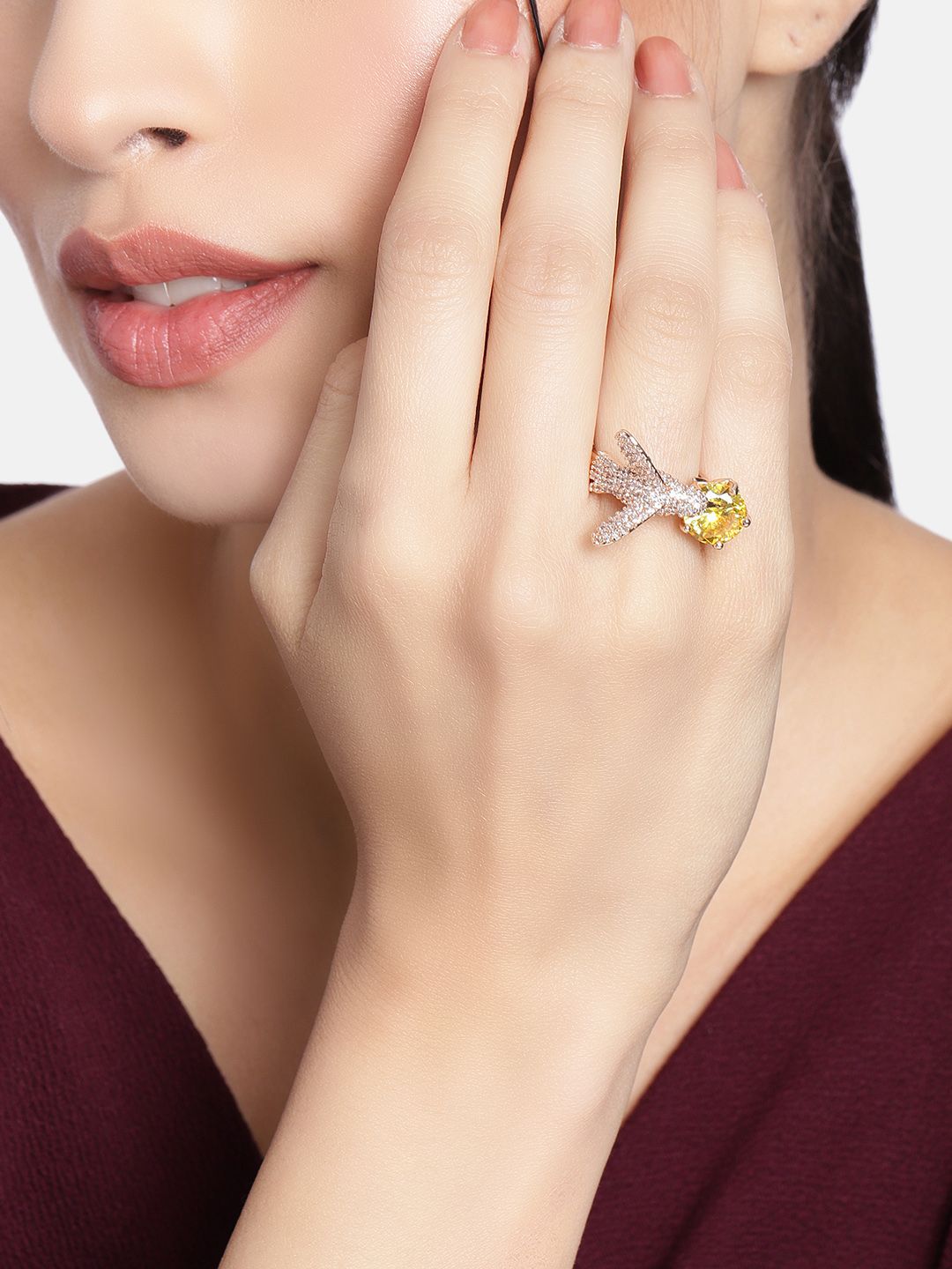 I Jewels Yellow Rose Gold Plated Bird Design CZ American Diamond Adjustable Finger Ring Price in India