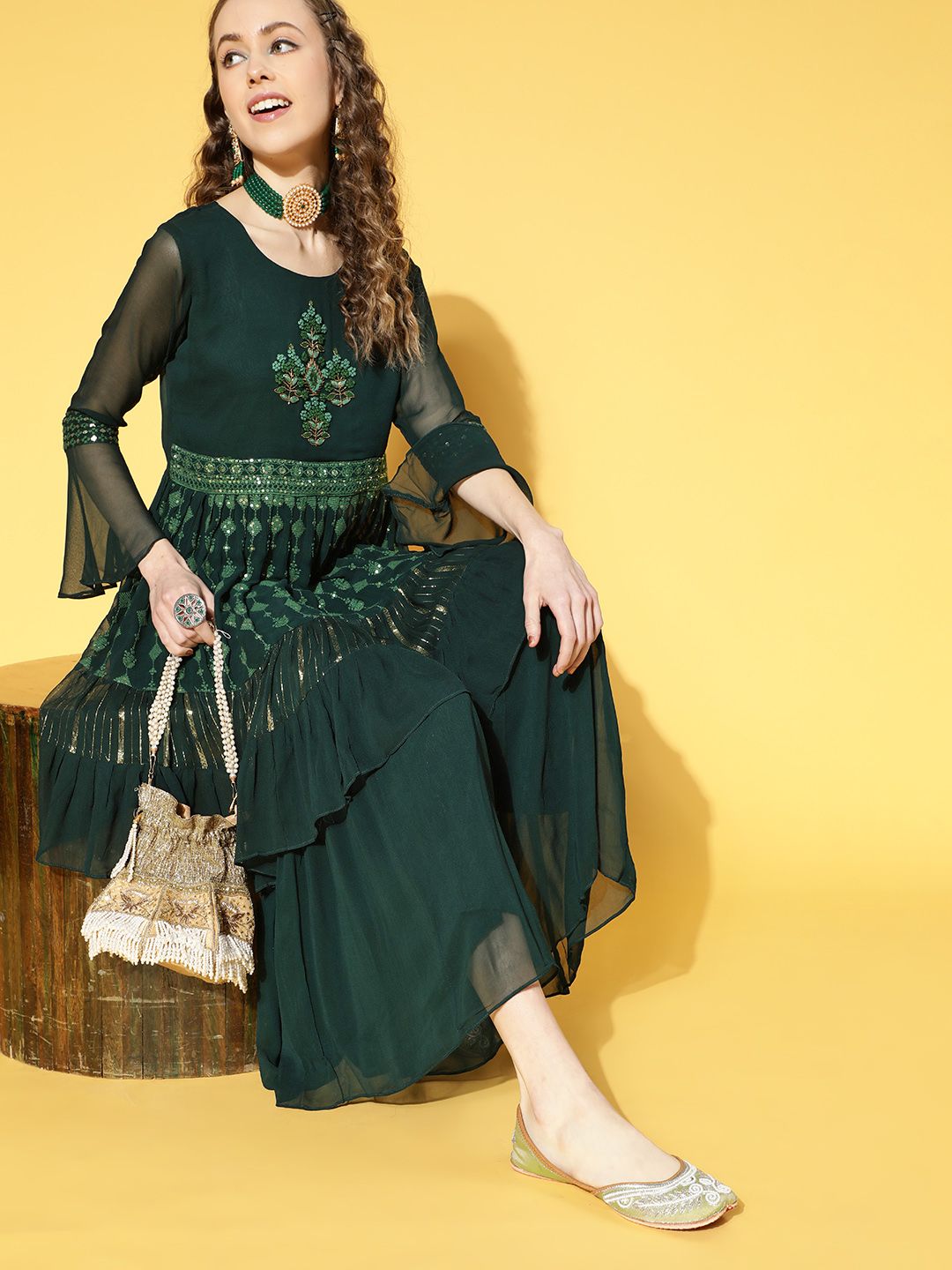 ZOLA Green Poly Georgette Short Kurti with Sharara Price in India