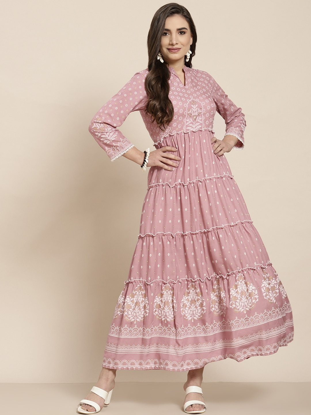 Juniper Women Pink & Off-White Ethnic Motifs Tiered Maxi Dress Price in India