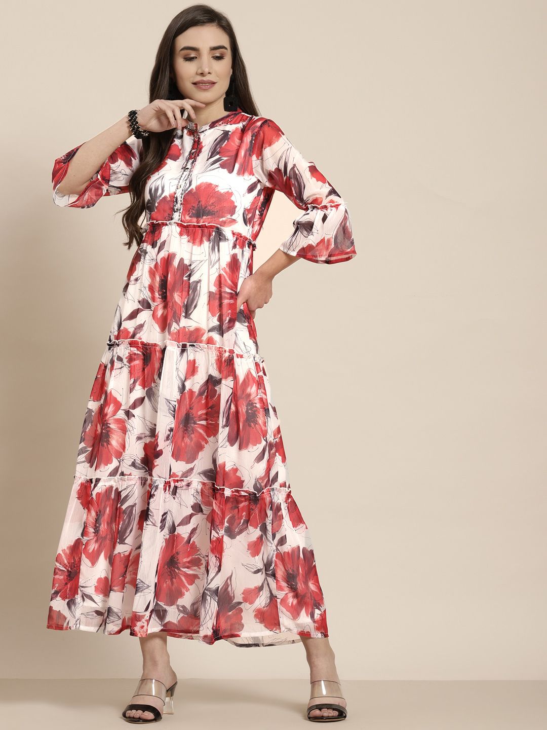 Juniper White & Red Floral Printed Mandarin Collar Pleated Chiffon Tiered Midi Dress Price in India