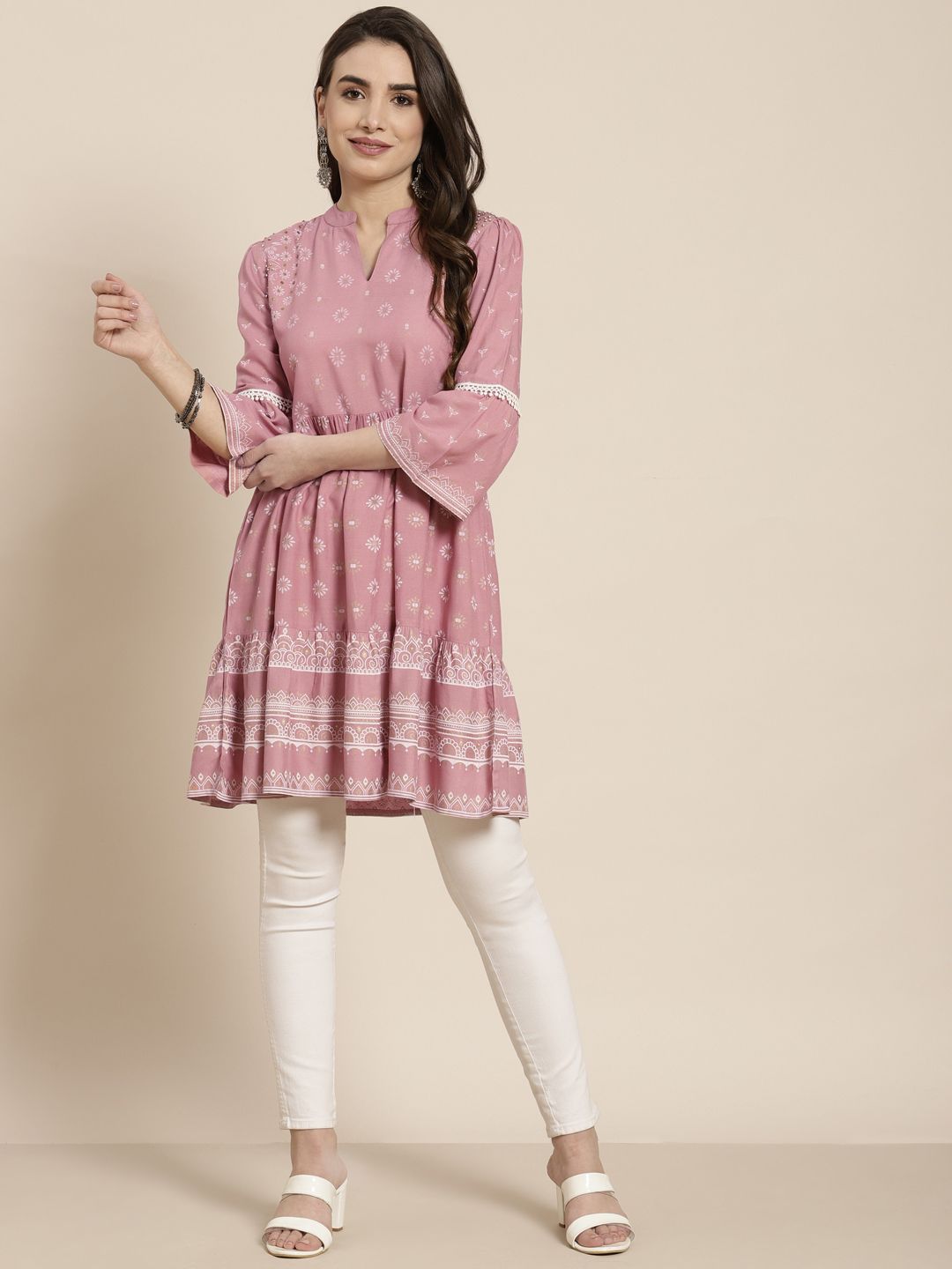 Juniper Women Onion Pink & White Rayon Mandarin Collar Ethnic Motifs Printed Gathers Tunic Price in India