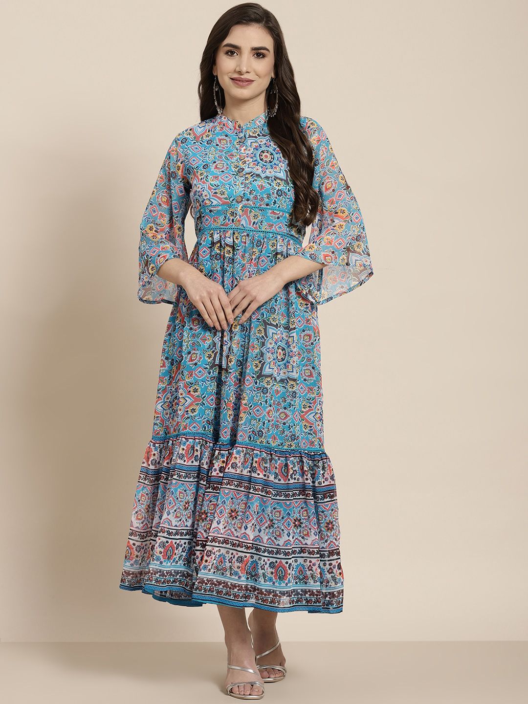 Juniper Blue Floral Chiffon Tiered Maxi Dress Price in India