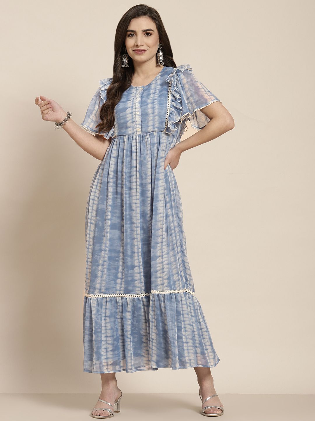 Juniper Blue Tie and Dye Chiffon Tiered Maxi Dress Price in India