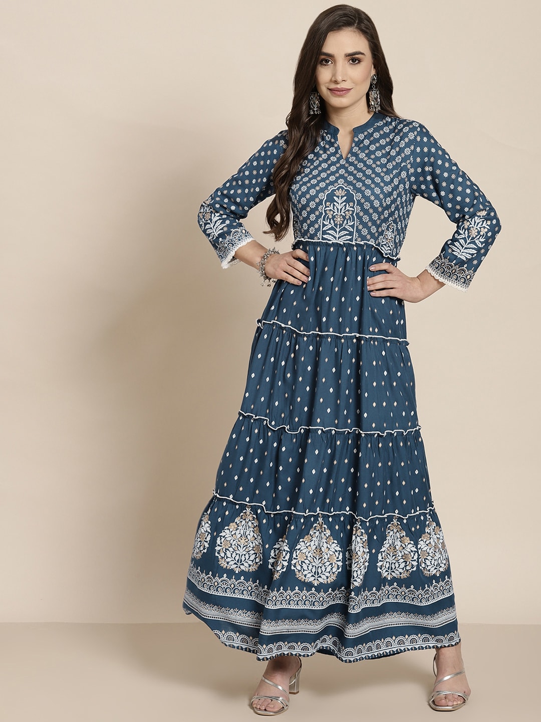 Juniper Women Blue Ethnic Motifs Tiered Maxi Dress Price in India