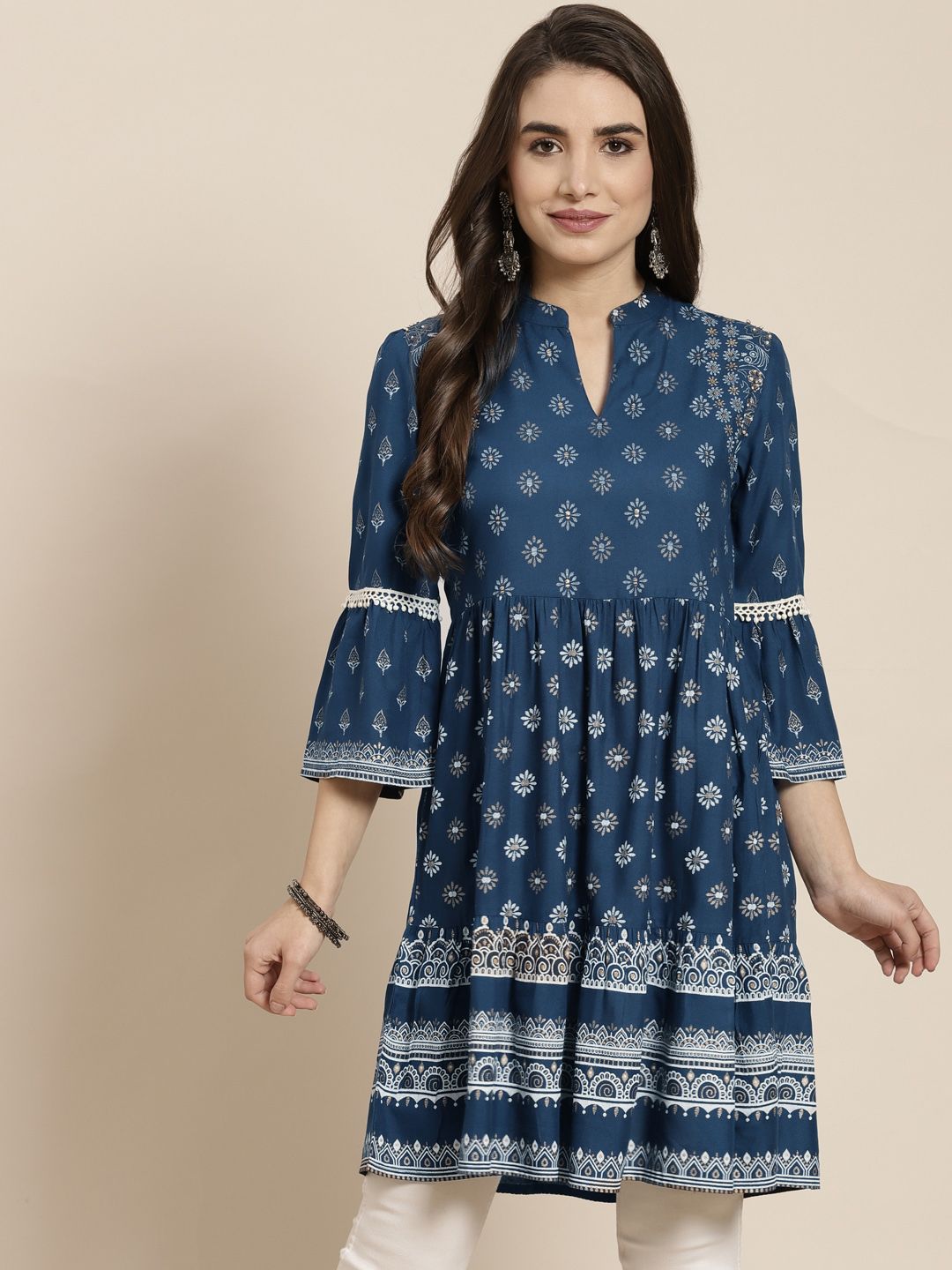 Juniper Women Navy Blue & White Rayon Mandarin Collar Ethnic Motifs Printed Gathers Tunic Price in India