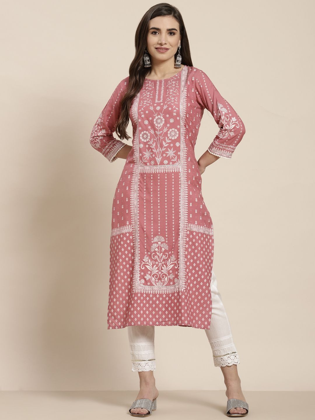 Juniper Women Pink & White Ethnic Motifs Gotta Patti Khari Indie Prints Straight Kurta Price in India