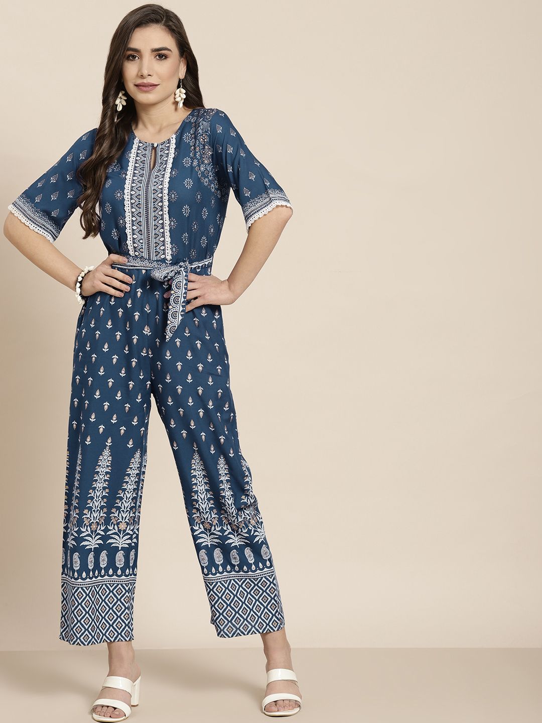 Juniper Blue & Off White Printed Embellished Basic Jumpsuit Price in India