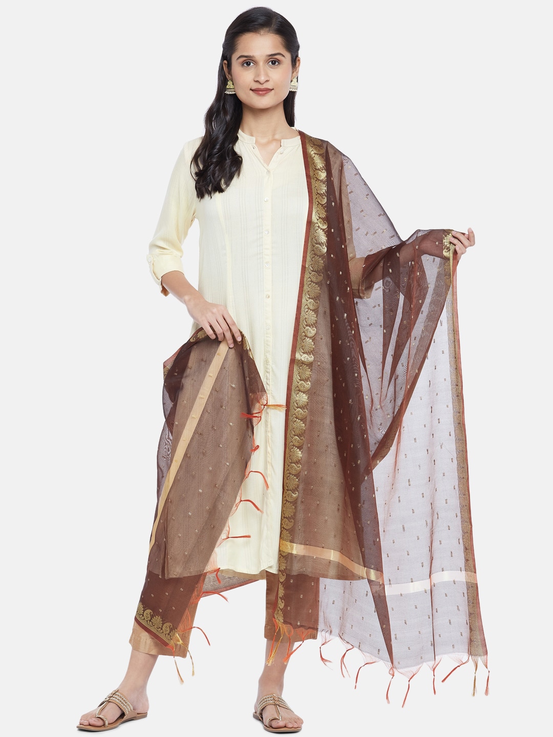 RANGMANCH BY PANTALOONS Brown & Gold-Toned Woven Design Dupatta Price in India