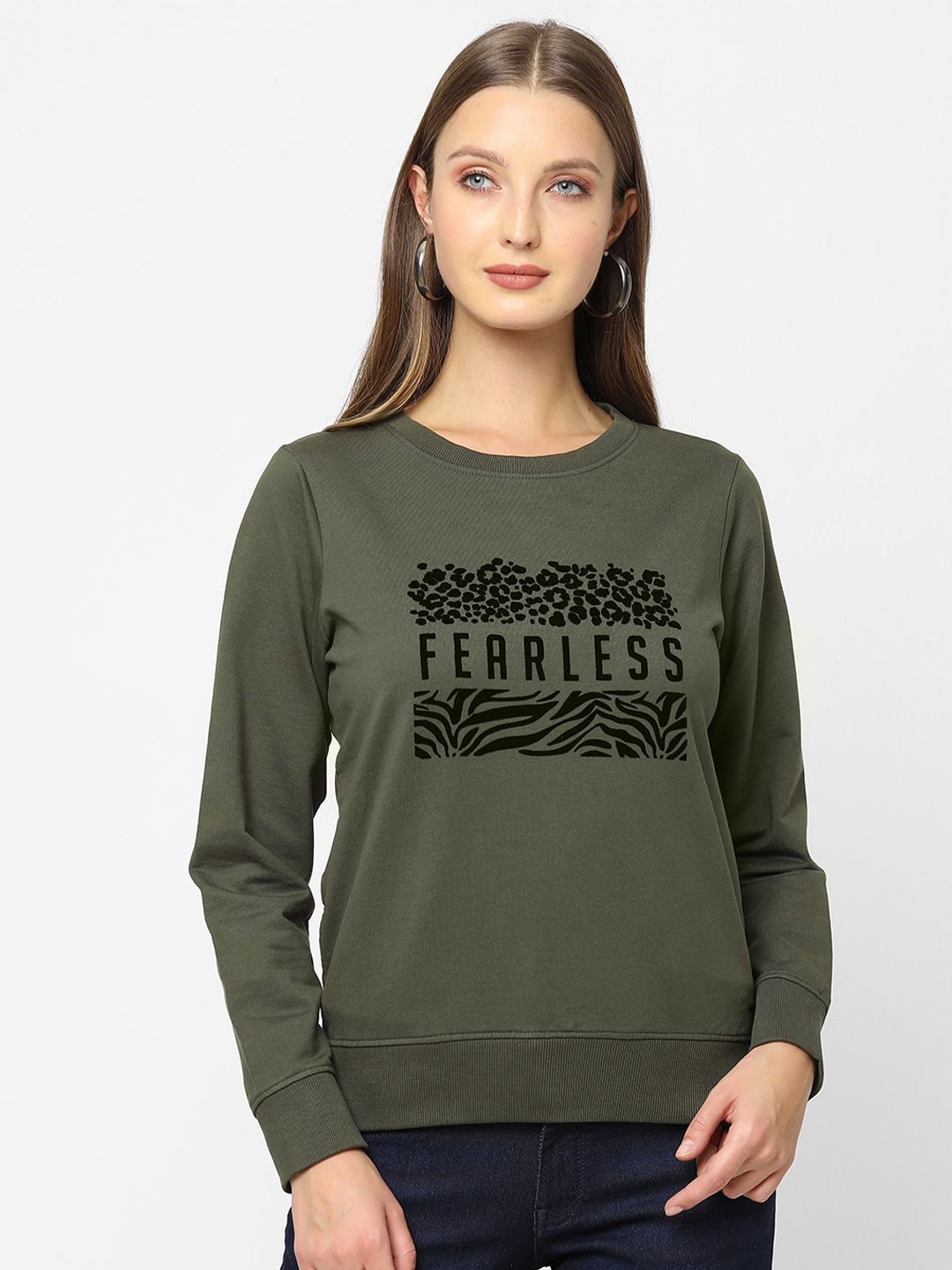 Pepe Jeans Women Olive Green Printed Sweatshirt Price in India