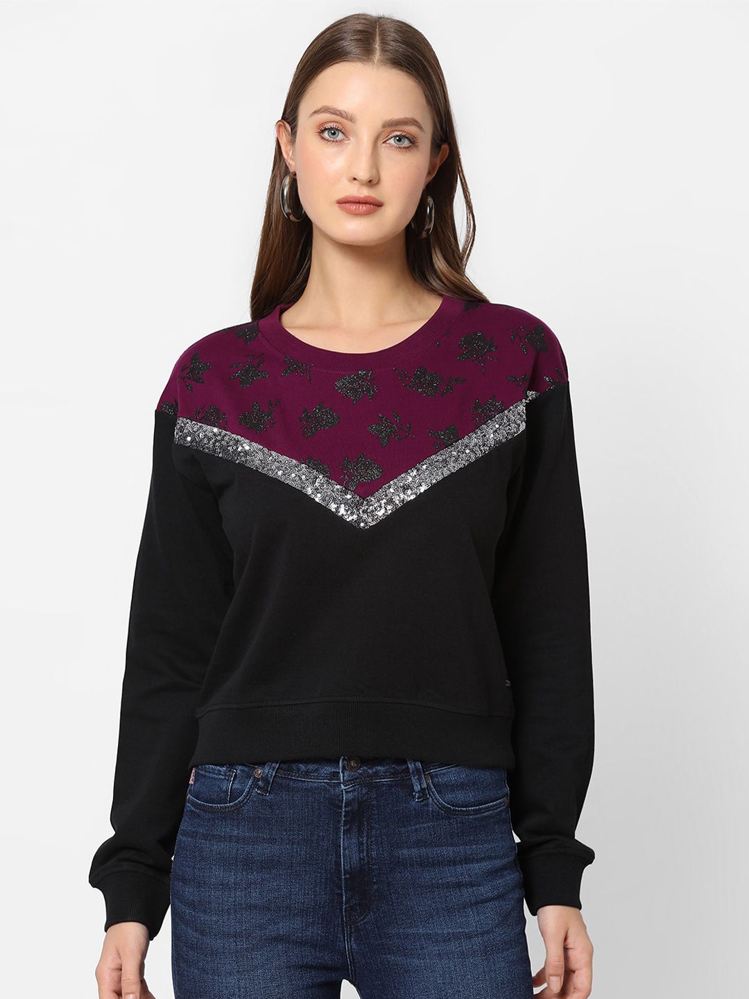 Pepe Jeans Women Black Embellished Pure Cotton Sweatshirt
