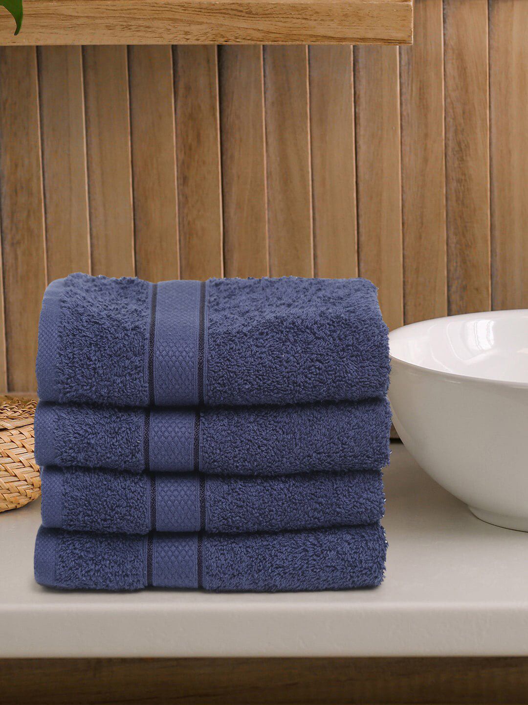 Creeva Set Of 4 Navy Blue Solid 525 GSM Cotton Hand Towels Price in India