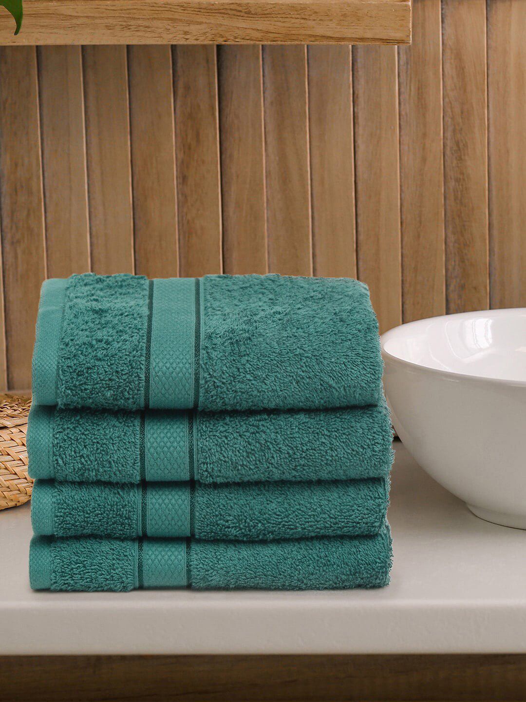 Creeva Set Of 4 Green Solid 525 GSM Cotton Hand Towels Price in India