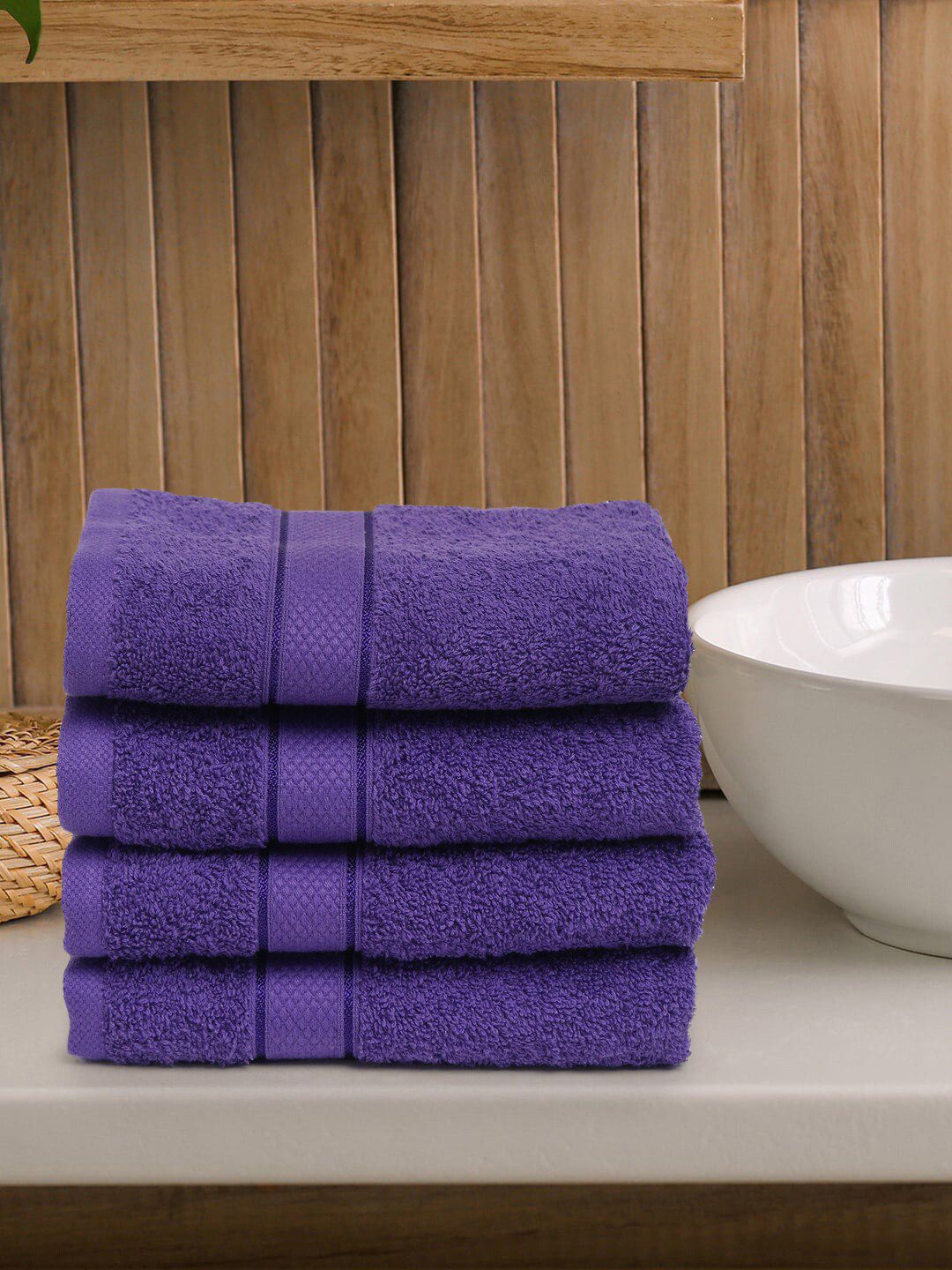 Creeva Set Of 4 Violet Solid 525 GSM Cotton Hand Towels Price in India