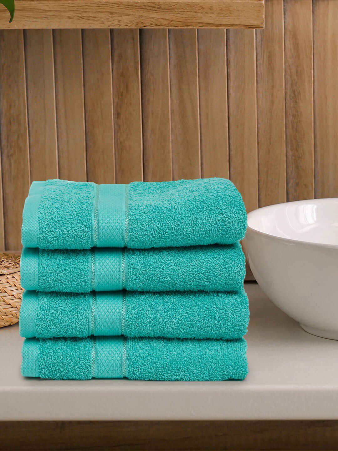 Creeva Set Of 4 Sea Green Solid 525 GSM Cotton Hand Towels Price in India