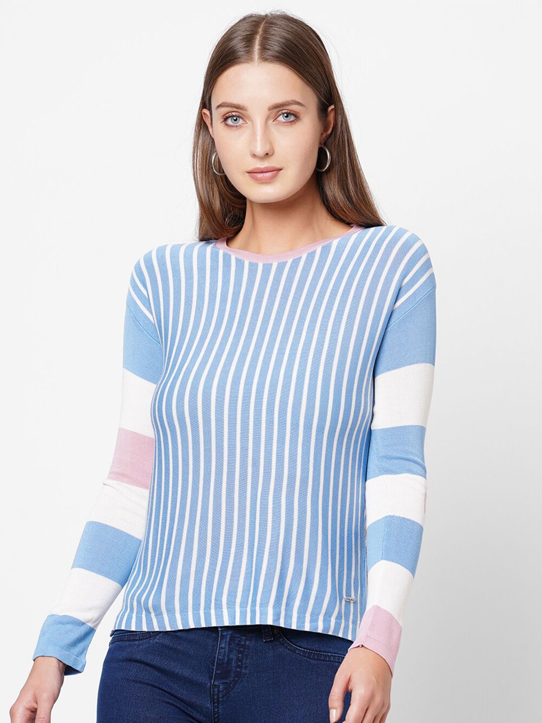 Pepe Jeans Women Blue & White Striped Pullover Price in India