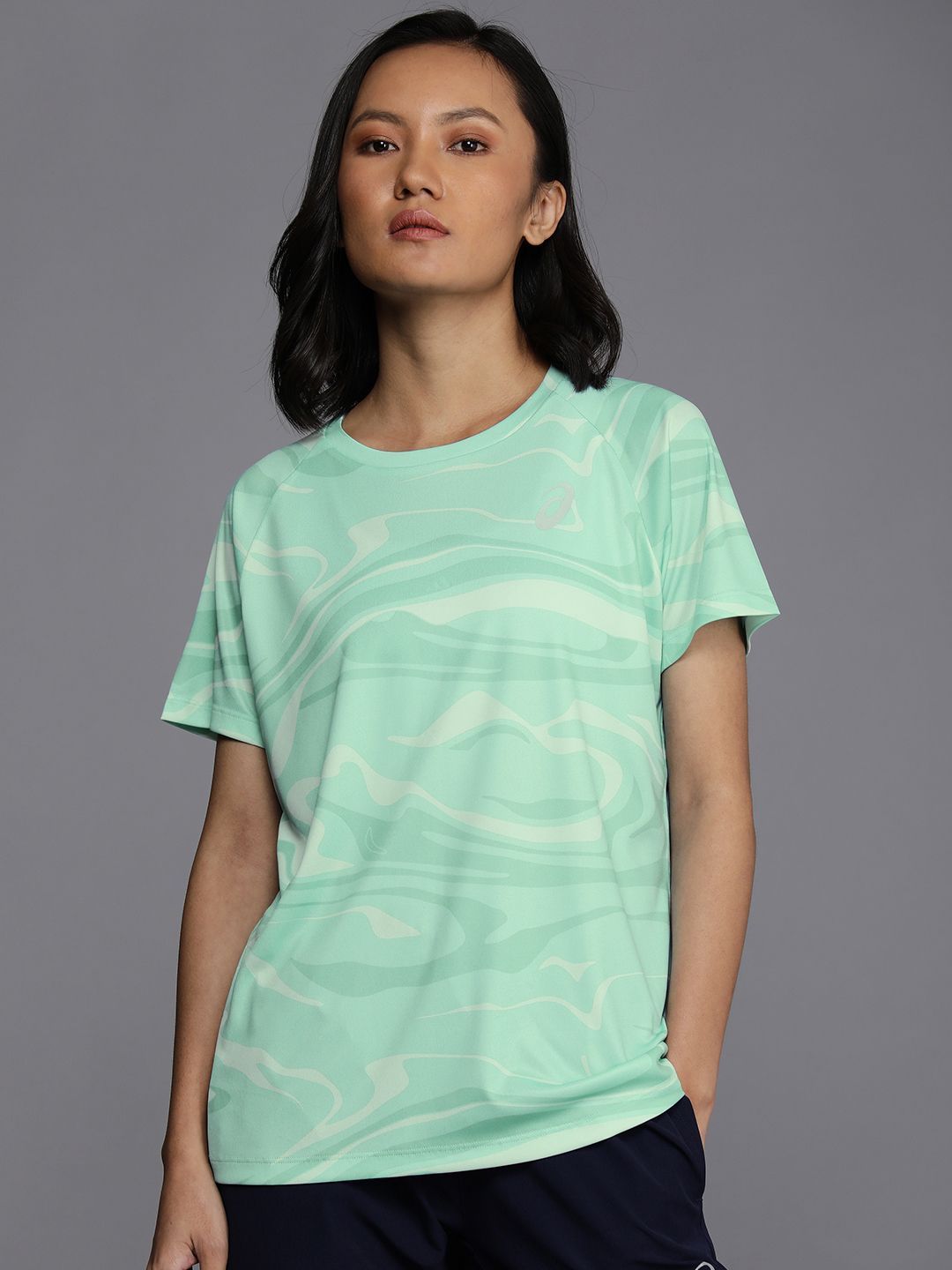 ASICS Women Green Printed Raglan Sleeves T-shirt Price in India