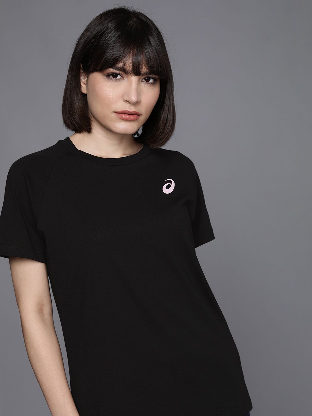 ASICS Women Black Solid Pure Cotton T-shirt Price in India