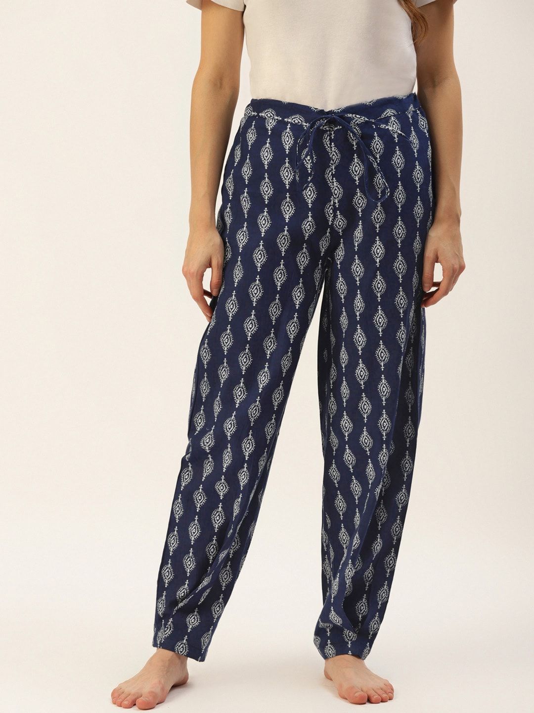 MBeautiful Women Navy Blue & Off-White Handblock Print Organic Cotton Carrot Lounge Pants Price in India