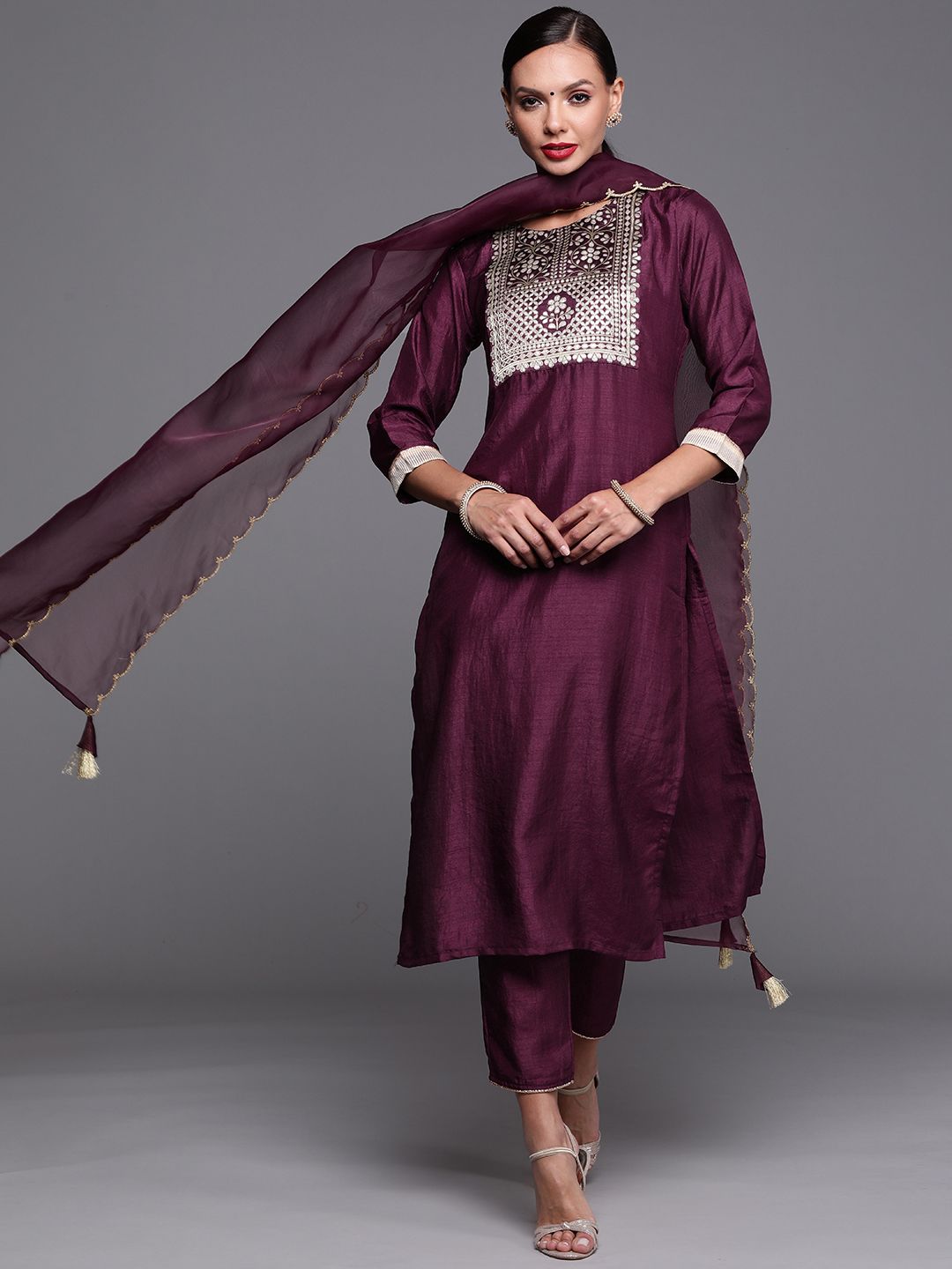 Indo Era Women Burgundy Woven Yoke Design Zari Kurta with Trousers & Dupatta Price in India