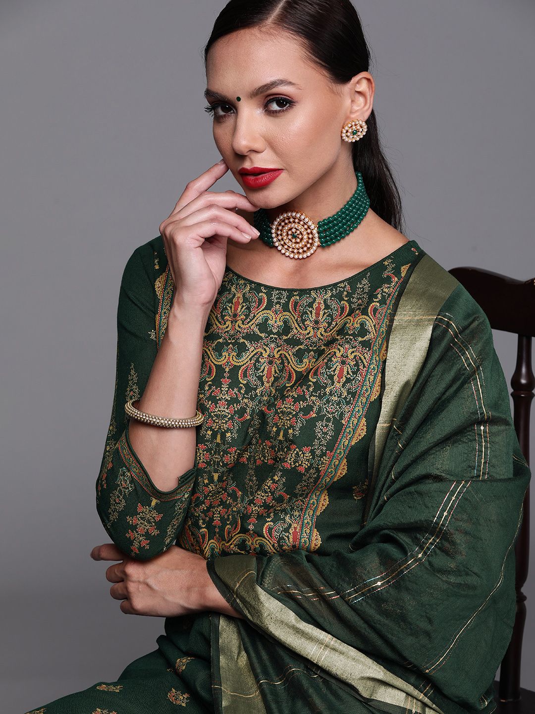 Indo Era Women Green Ethnic Motifs Foil Print Sequinned Kurta with Palazzos & Dupatta Price in India