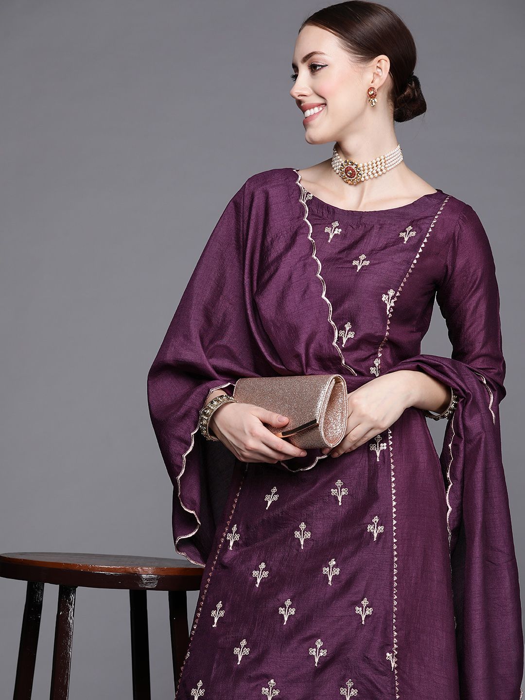 Indo Era Women Purple Ethnic Motifs Embroidered Gotta Patti Kurta with Trousers & With Dupatta Price in India