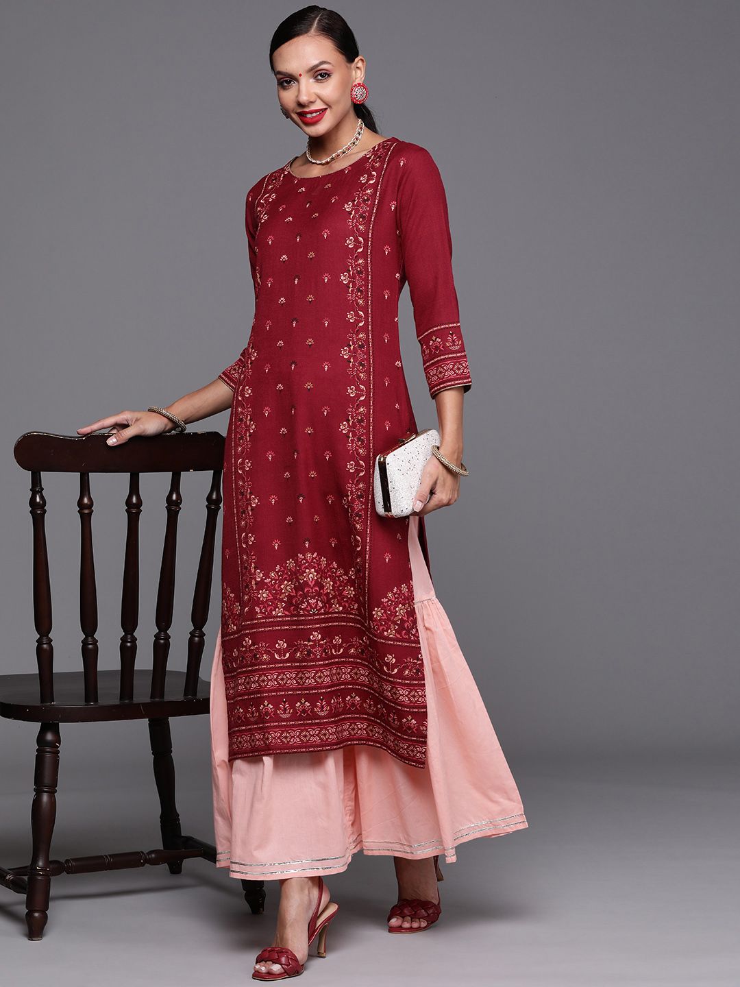 Indo Era Women Maroon Ethnic Motifs Foil Print Round Neck Regular Sleeves Straight Kurta Price in India