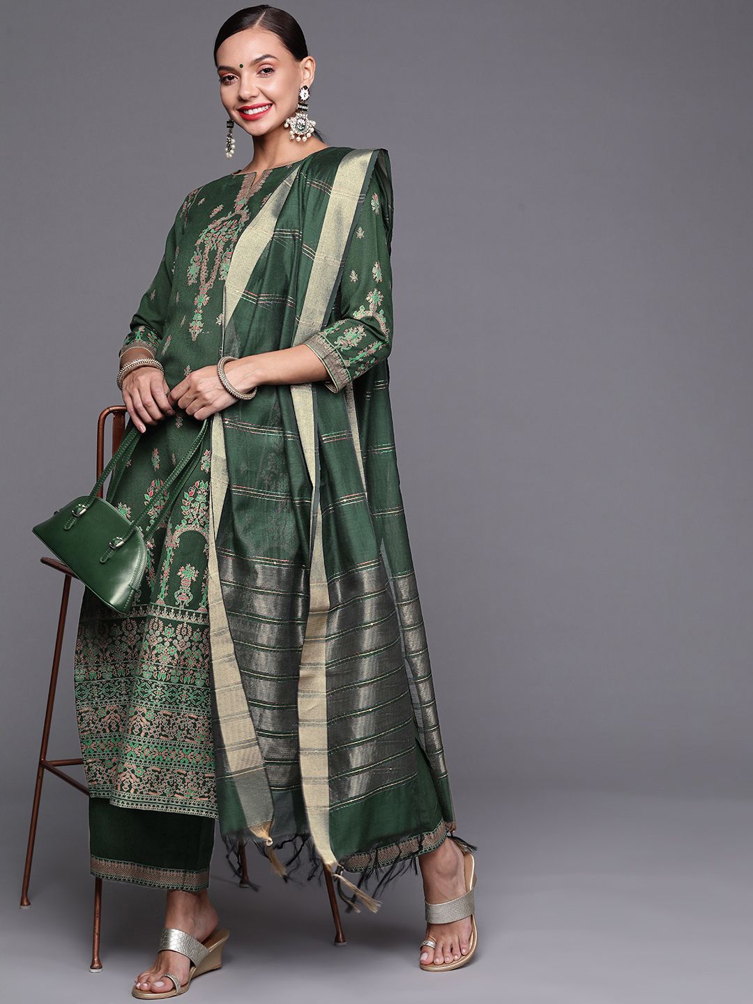 Indo Era Women Green Ethnic Motifs Printed Kurta with Palazzos & With Dupatta Price in India