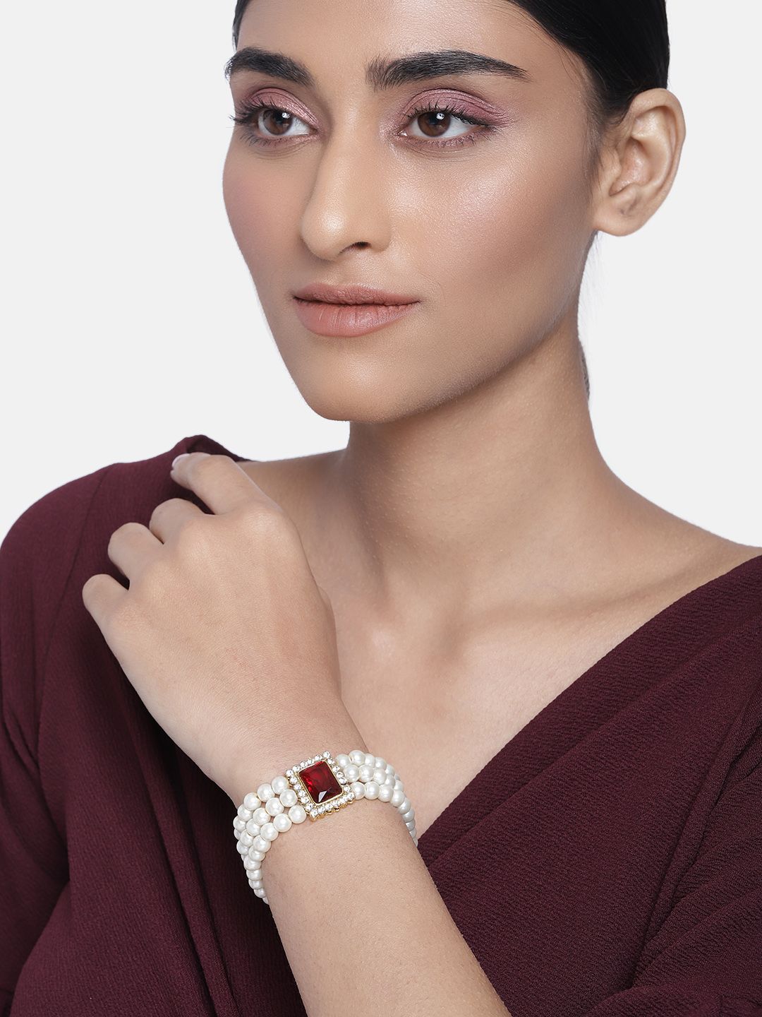 Peora Women Maroon Gold-Plated Pearl Studded Cube Crystal In Middle Bracelet Price in India