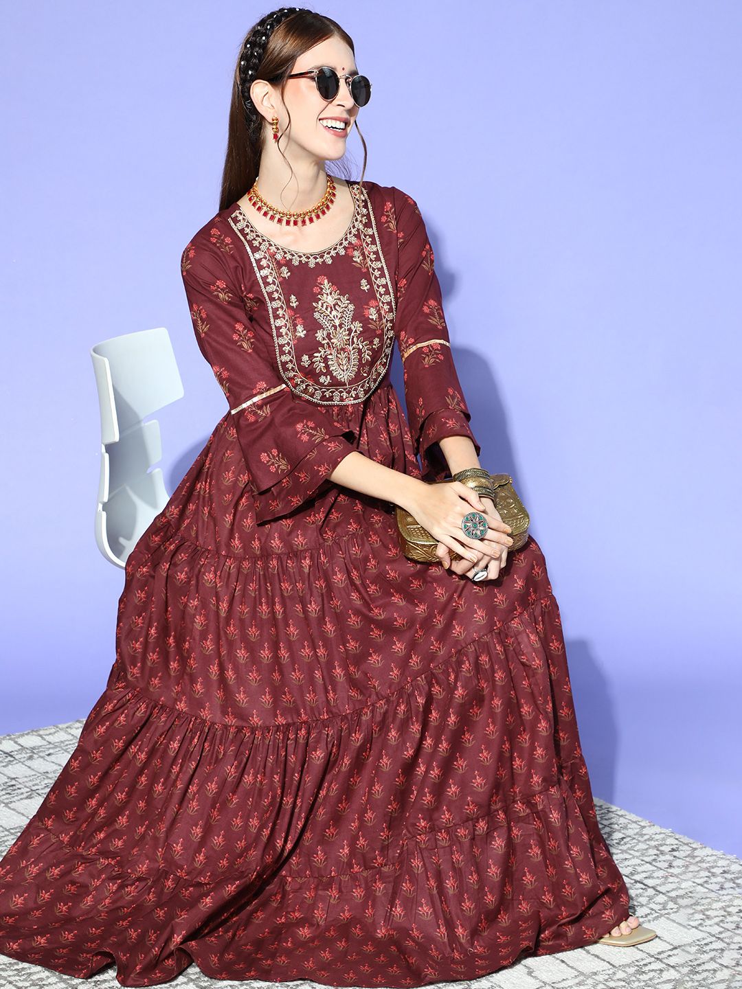 Indo Era Women Charming Maroon Floral Swirling Volume Dress Price in India