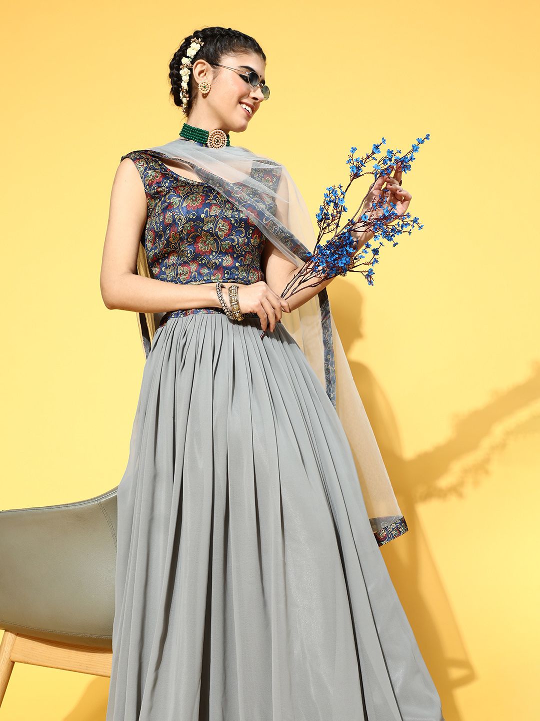 RedRound Women Grey & Navy Blue Semi-Stitched Lehenga & Unstitched Blouse With Dupatta Price in India