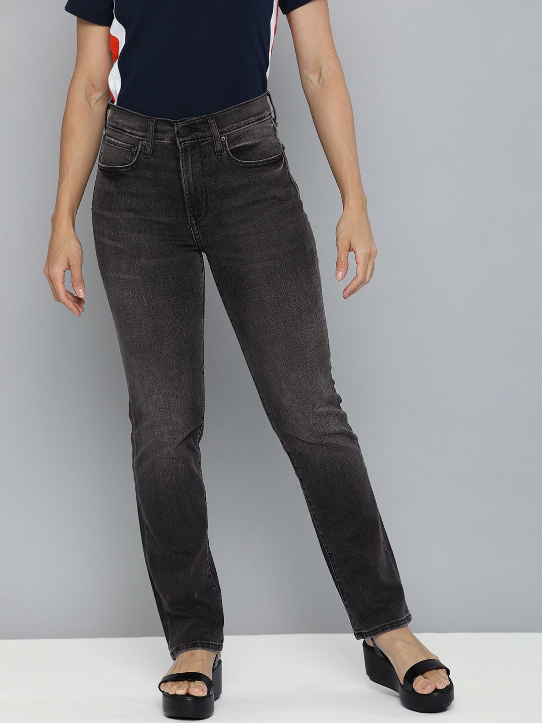 Levis Women Grey 724 Straight Fit High-Rise Light Fade Stretchable Jeans Price in India