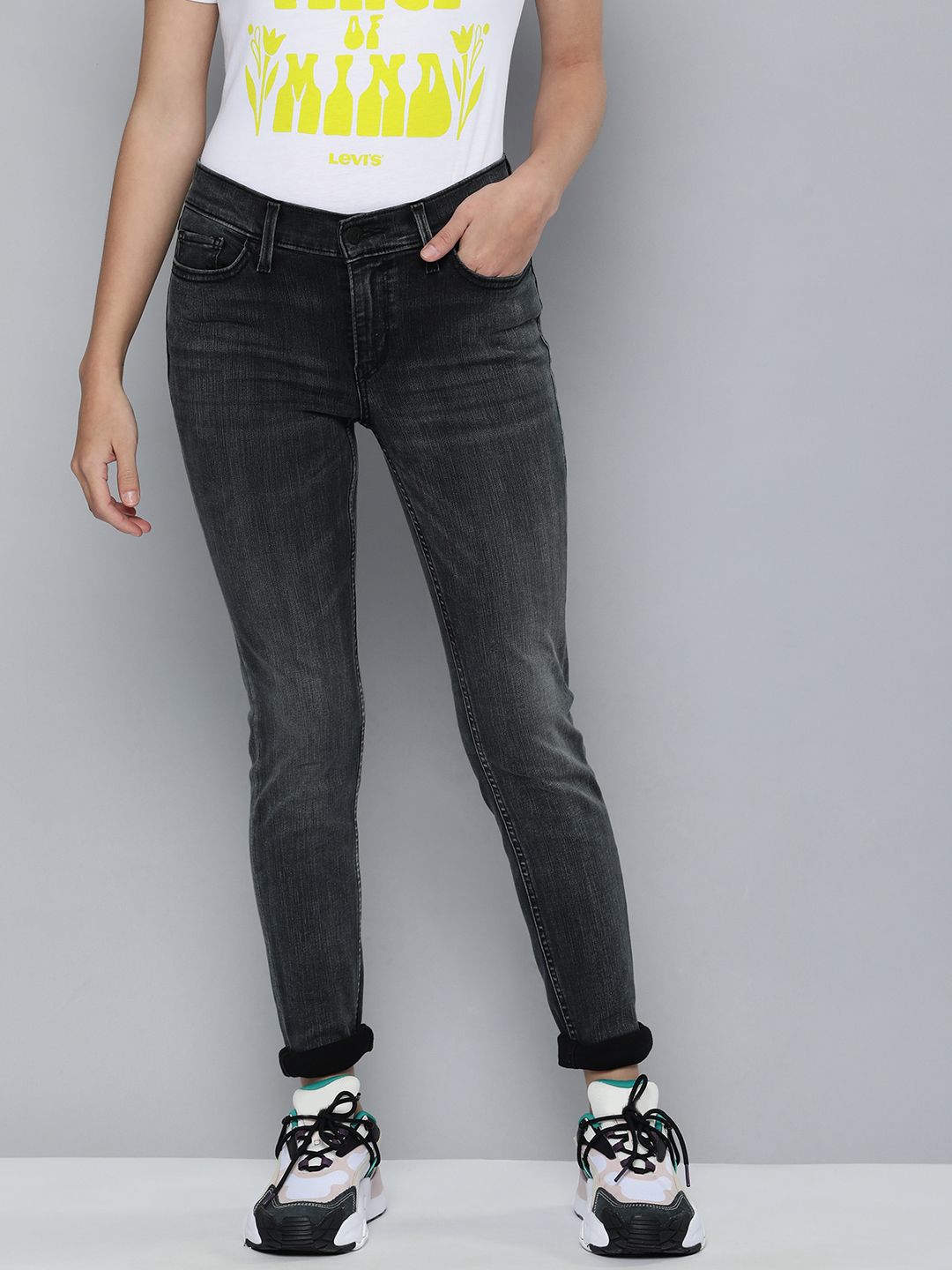 Levis Women Grey 710 Super Skinny Fit Mid Rise Light Fade Stretchable Jeans Price in India